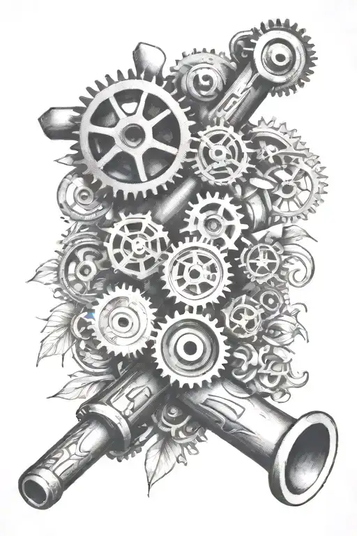gears, wrenches , pistons, engine parts, lilies tattoo design idea