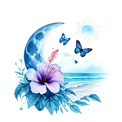 hibiscus, moon, sun, beach, butterflies, mandala tattoo design idea