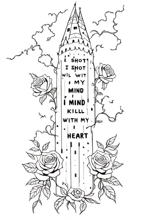 the dark tower with roses flanking from left to right with roses, vines spell i shoot with my mind, i kill with my heart tattoo design idea