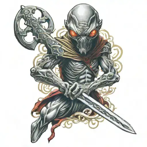 alien w red diamond eyes holding celtic sword tattoo design idea
