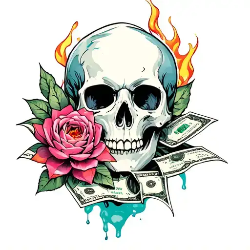 goth skull roses blooming lotus  ever evolving spiritual, burning world behind skull and money burned dystopian  tattoo design idea