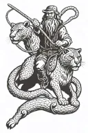 Draw a Sasquatch riding a mountain lion like a horse while using a snake as a lasso. Use a traditional American tattoo tattoo design idea
