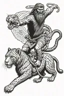 Draw a Sasquatch riding a mountain lion like a horse while using a snake as a lasso. Use a traditional American tattoo tattoo design idea