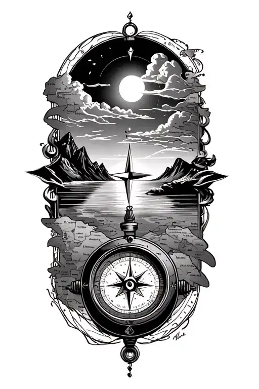 compass surrounded by map, mountains and beach sunset tattoo design idea