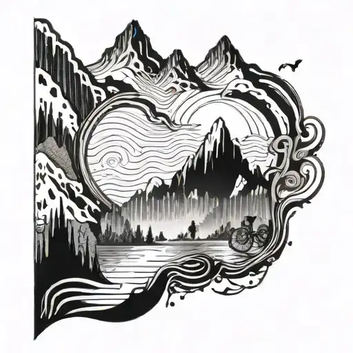 An intricate design of a mountain range with waterfalls and a biker riding through, surrounded by music notes and symbols tattoo design idea