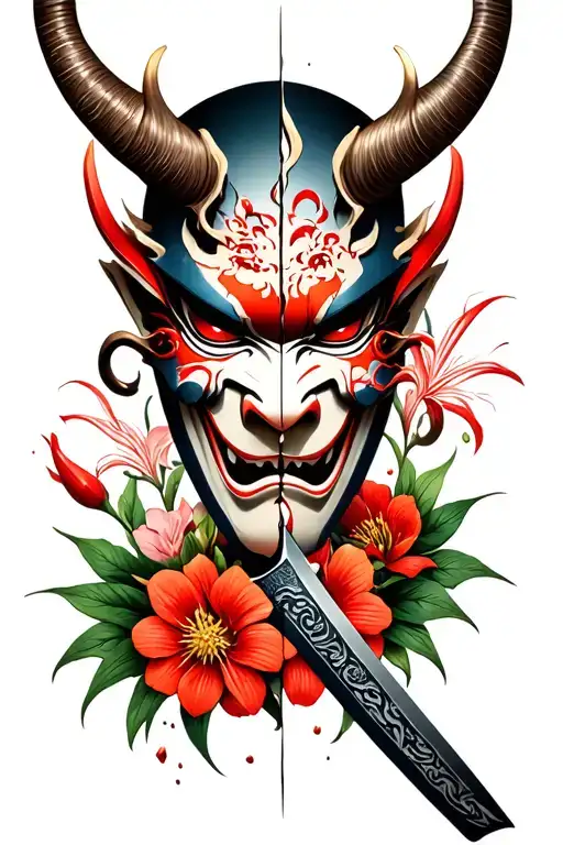 an oni mask broken into 2 parts, with lycoris flowers around it and a katana in the middle of the mask separating the masks and fragments tattoo design idea