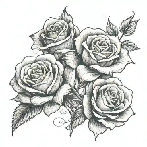 three black and white roses with one stem name, Lacey in cursive tattoo design idea