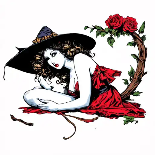 Female Witch with exposed breast in sexual pose, pinup tattoo design idea