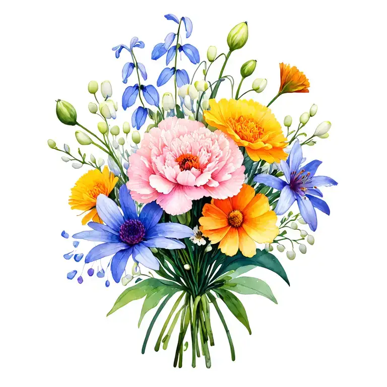bouquet with carnation, snow drop, marigold, aster, narcissus, lily of the valley  tattoo design idea