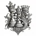 chess king and queen abstract design combining elements with other chess pieces in background tattoo design idea