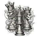 chess king and queen abstract design combining elements with other chess pieces in background tattoo design idea