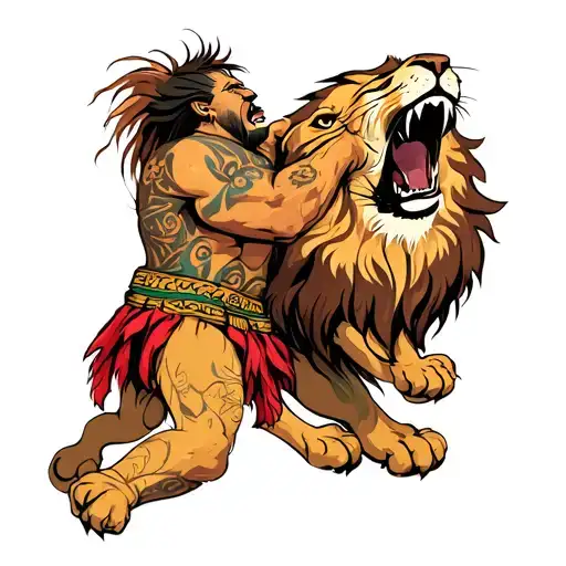 African Samson taking down lion roaring tattoo design idea