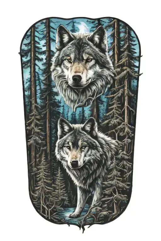 wolf blue eyes howling forest landscape tattoo design idea