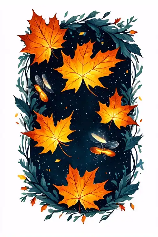 fall autum leaves falling with fireflies  simple tattoo design idea