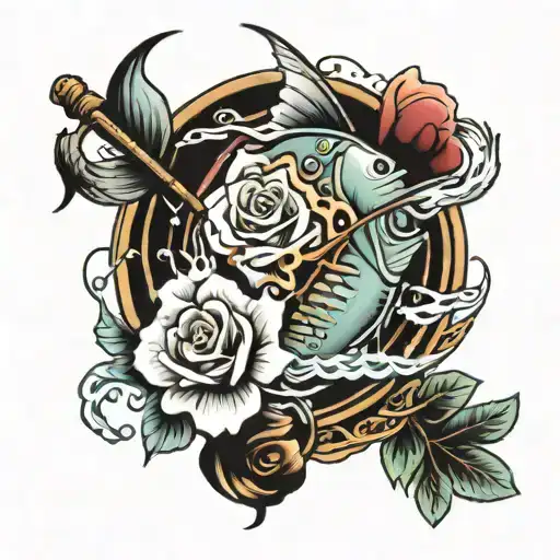 memorial tattoo for dead friend who loves music and fishing tattoo design idea