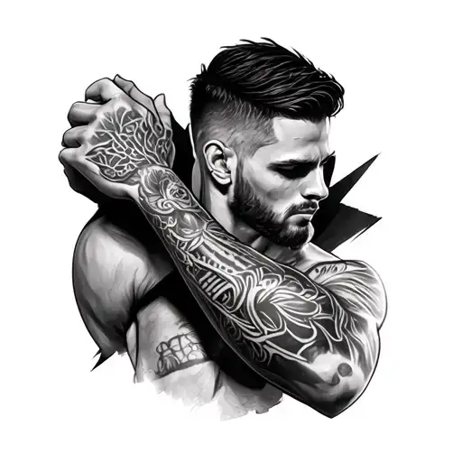 Create a detailed visual mockup of a full male forearm sleeve tattoo (wrist to elbow), showing both inner and outer side tattoo design idea