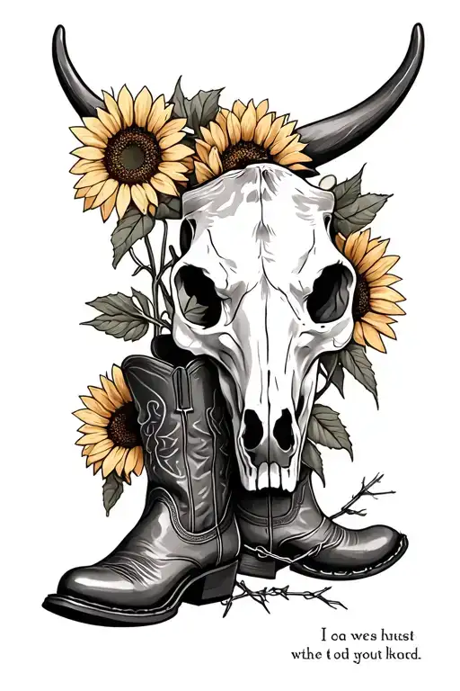 cow skull, cowboy boots, sunflowers, quote, barb wire wrapped tattoo design idea