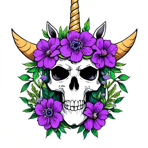 unicorn skull with purple flowers  tattoo design idea