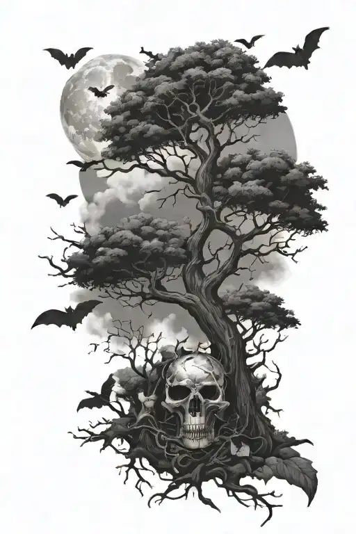 poison tree with the moon in the background with bats flying around and clouds surrounding it tattoo design idea