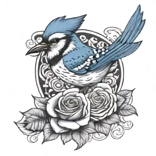 Blue Jay Sitting upon a Rose and the word Nanny   tattoo design idea