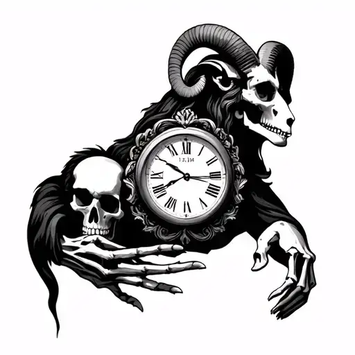 A sleeve from my upper arm down to my hand. A clock with the time 12:05, a Ram, jesus’ face, skeleton on my hand, gorril tattoo design idea