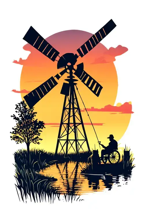 farm scene featuring a metal windmill, a pond with a man in a wheelchair fishing, with a beautiful sunset.  tattoo design idea