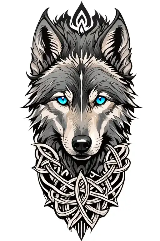 wolf with blue eyes featuring Celtic trinity knot  tattoo design idea
