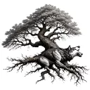Tree with dried branches and roots with a wolf howling from the feet of the tree tattoo design idea