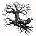 Tree with dried branches and roots with a wolf howling from the feet of the tree tattoo design idea