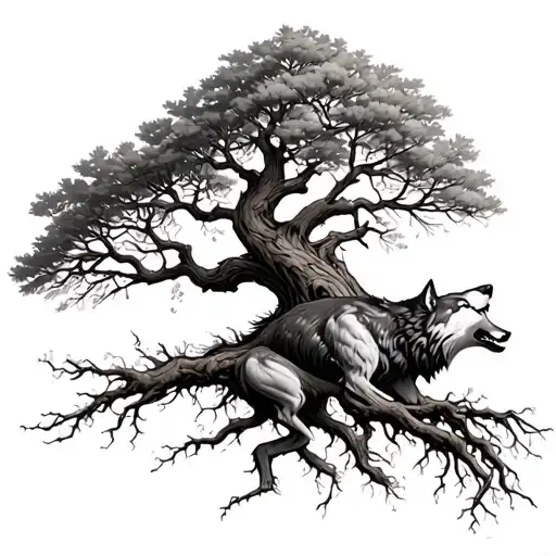 Tree with dried branches and roots with a wolf howling from the feet of the tree tattoo design idea