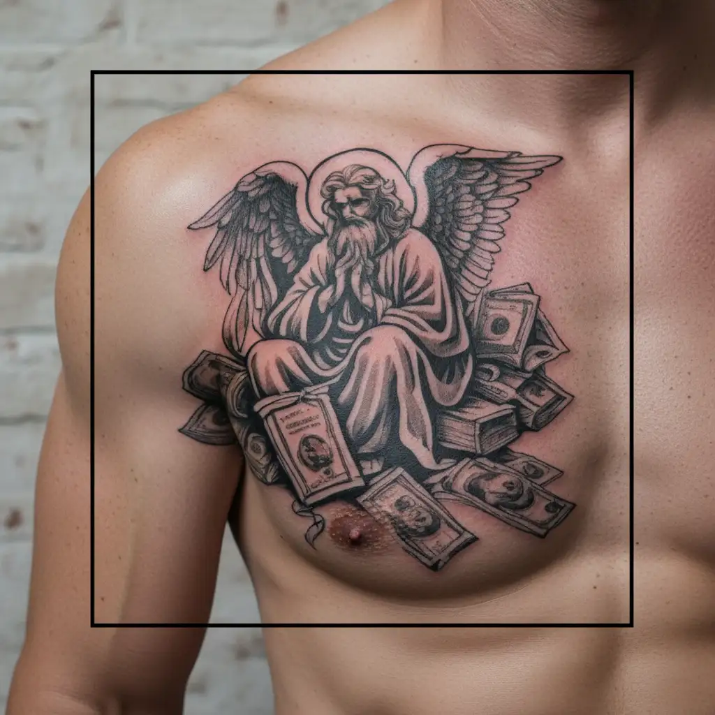 Praying angel and bag of money and 100 dollar bills underneath tattoo design idea