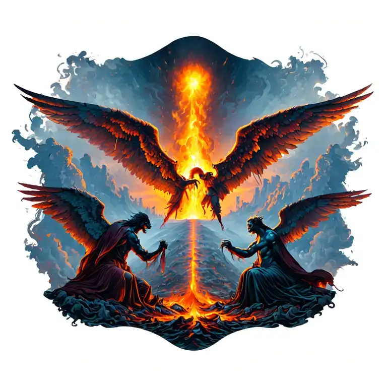 full back tattoo. apocalypse scene with lava corona on horizon. angels vs demons in foreground. add some highlight color tattoo design idea