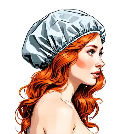 Attractive redhead  woman wearing shower cap covering and containing all of her hair. No visible hair whatsoever. tattoo design idea