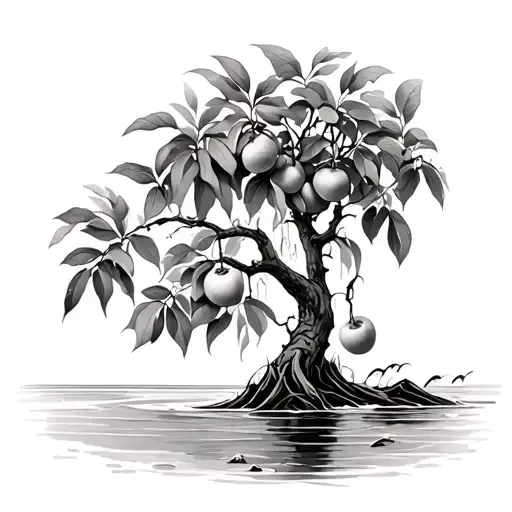 mangrove tree with leaves and fruit that is in water close to a beach  tattoo design idea