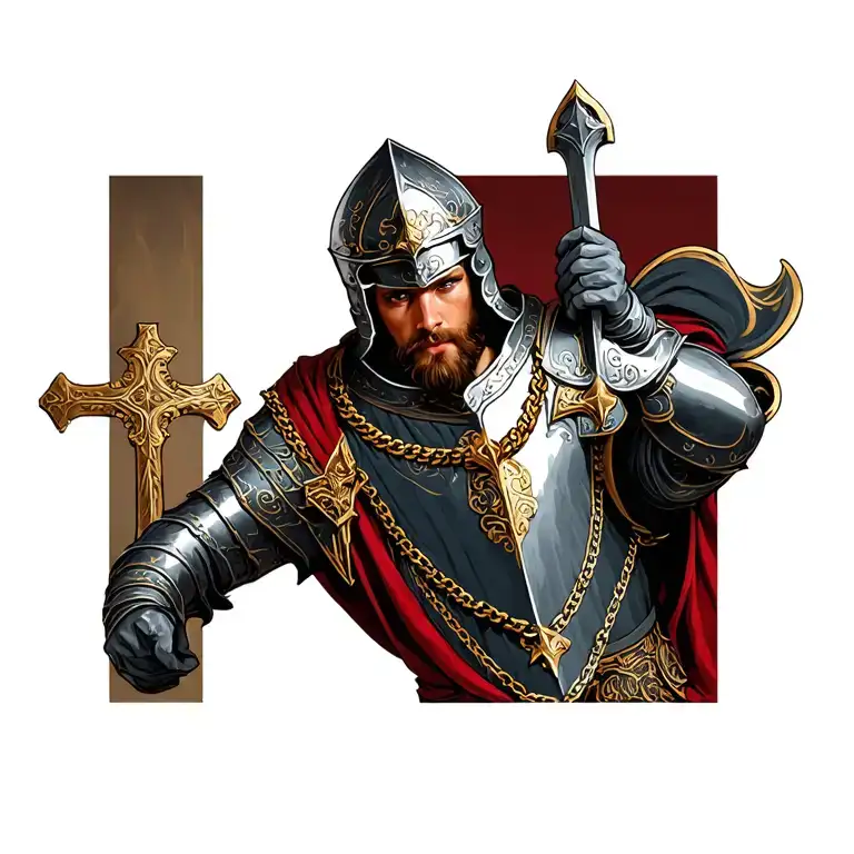 medieval knight with cross necklace tattoo design idea