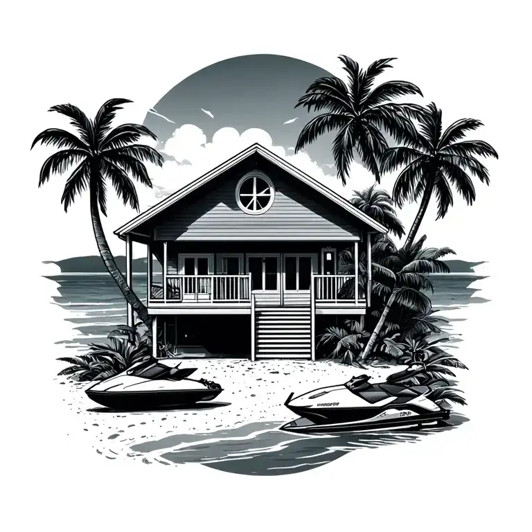 beach house , beach, palm trees , jet ski , airplane , sunlight ,  tattoo design idea