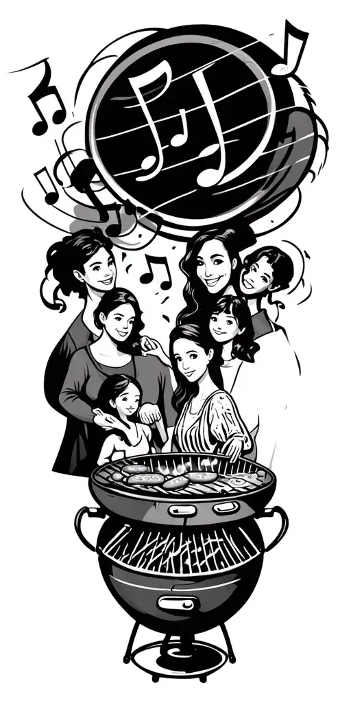 A family gathered around a BBQ grill with musical notes floating above tattoo design idea