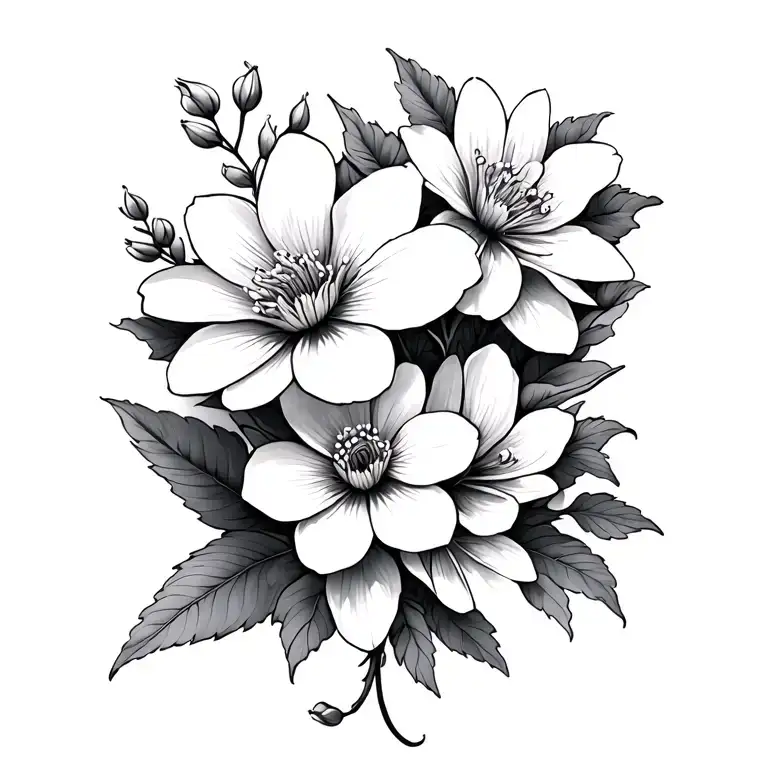 design me a shoulder tattoo with primrose, cherry blossoms, waterlily and cosmos tattoo design idea