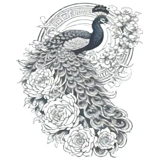 Male Peacock And Chrysanthemum Flowers Japanese Style Around The Arm Line And Shade Work Tattoo tattoo design idea