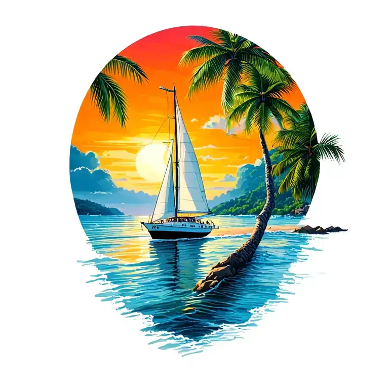 white sailboat sailing away towards sunrise sky, ocean, island with palm, beach tattoo design idea
