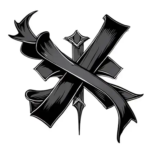 thick pointy black cross with ribbon wrapped around tattoo design idea