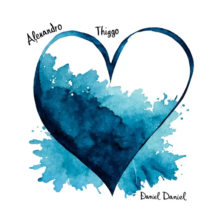 heart formed in the contour by the names Alejandro, Thiago, Daniel with color background tattoo design idea