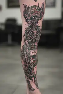 classic cartoon alien with scriptic text saying "how many" next to it, tribal artstyle, black and white tattoo design idea