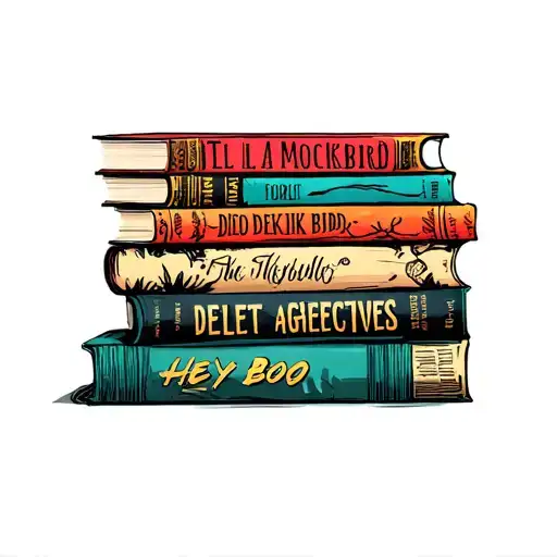 Only four books stacked, To Kill a Mocking bird, Hey Boo, delete the adjectives  tattoo design idea
