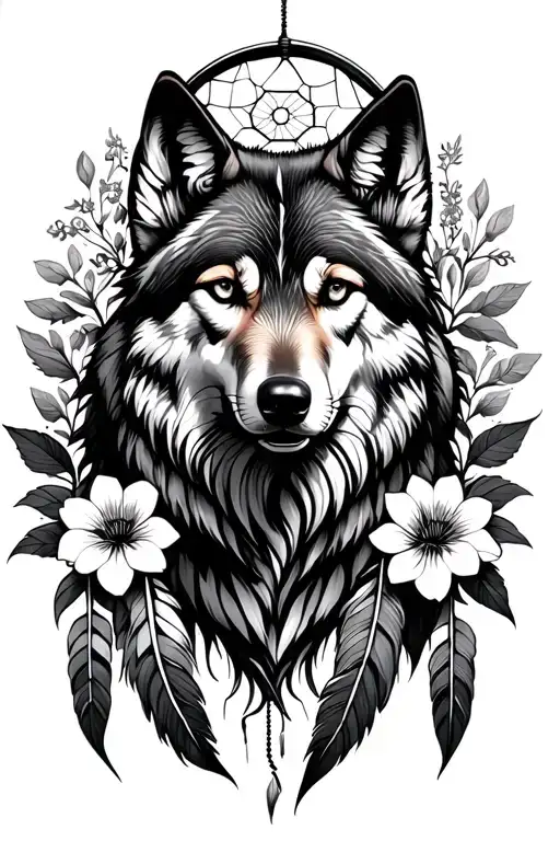 wolf above dream catcher flowers surrounding tattoo design idea