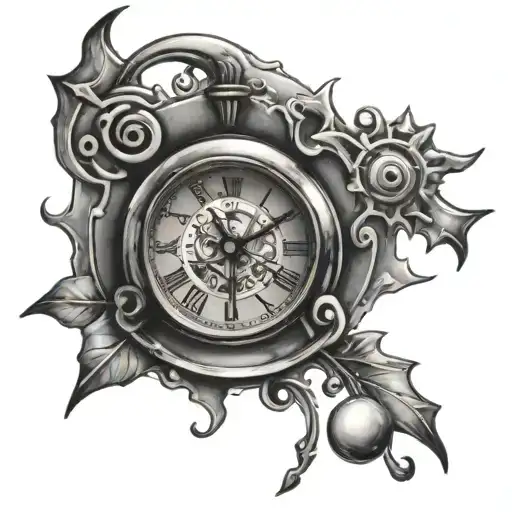 stamp tattoo with a melting clock inside with stars and music notes in the background tattoo design idea