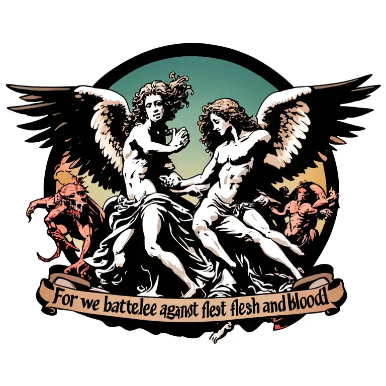 "for we battle not against flesh and blood" with angels fighting demons tattoo design idea