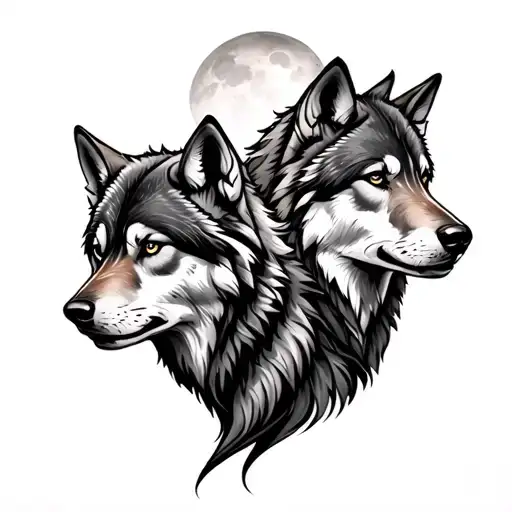 tattoo design of two wolves back to back, one facing the sun and the other facing the moon, masculine and power tattoo design idea