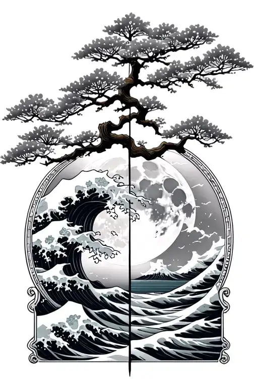 Sakura tree, with a full moon in the background, split in half like a a frame, with great waves of kanagawa in backgroun tattoo design idea