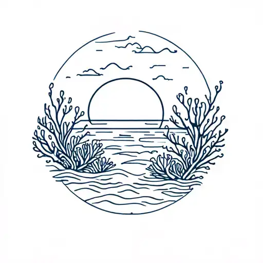 sunset and coral reef scene tattoo design idea